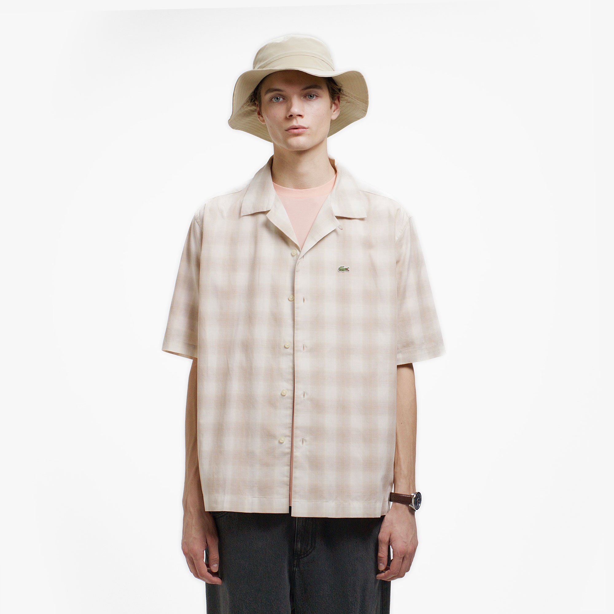 リネンブレンドオープンカラーオンブレチェックシャツ