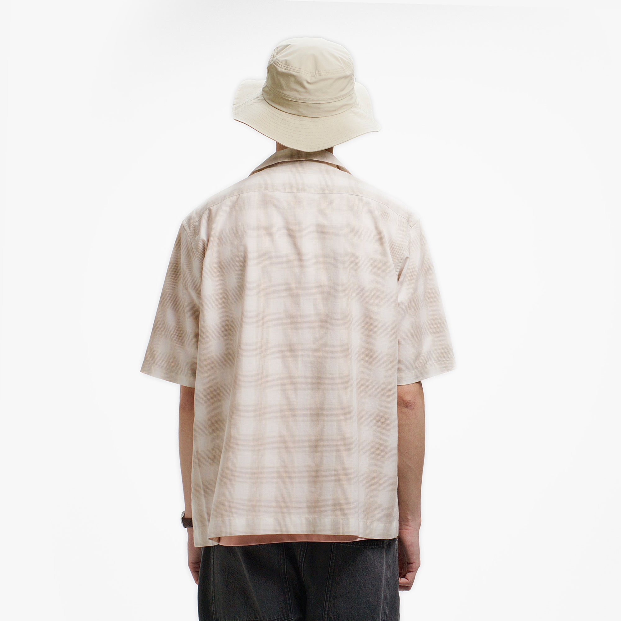 リネンブレンドオープンカラーオンブレチェックシャツ