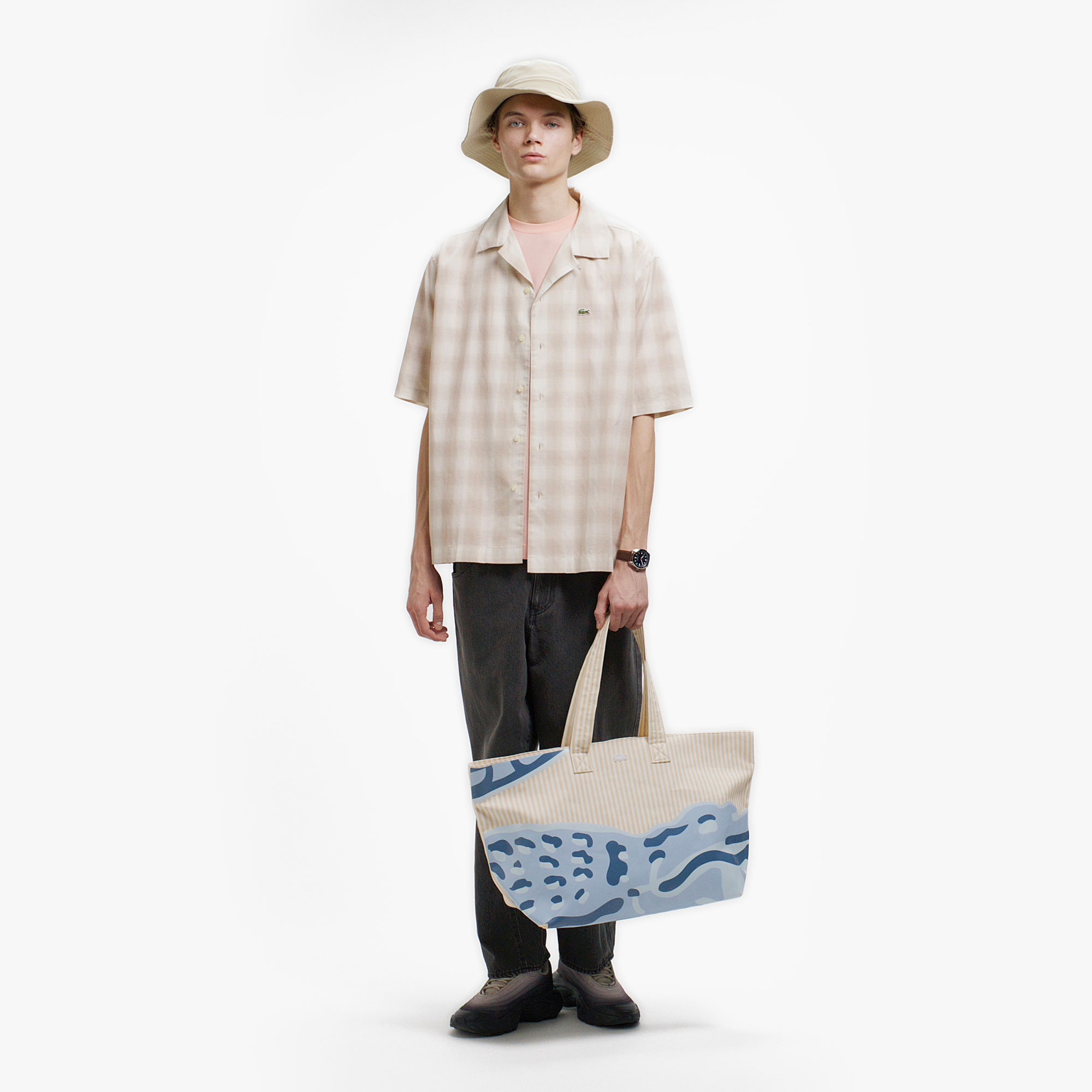 リネンブレンドオープンカラーオンブレチェックシャツ