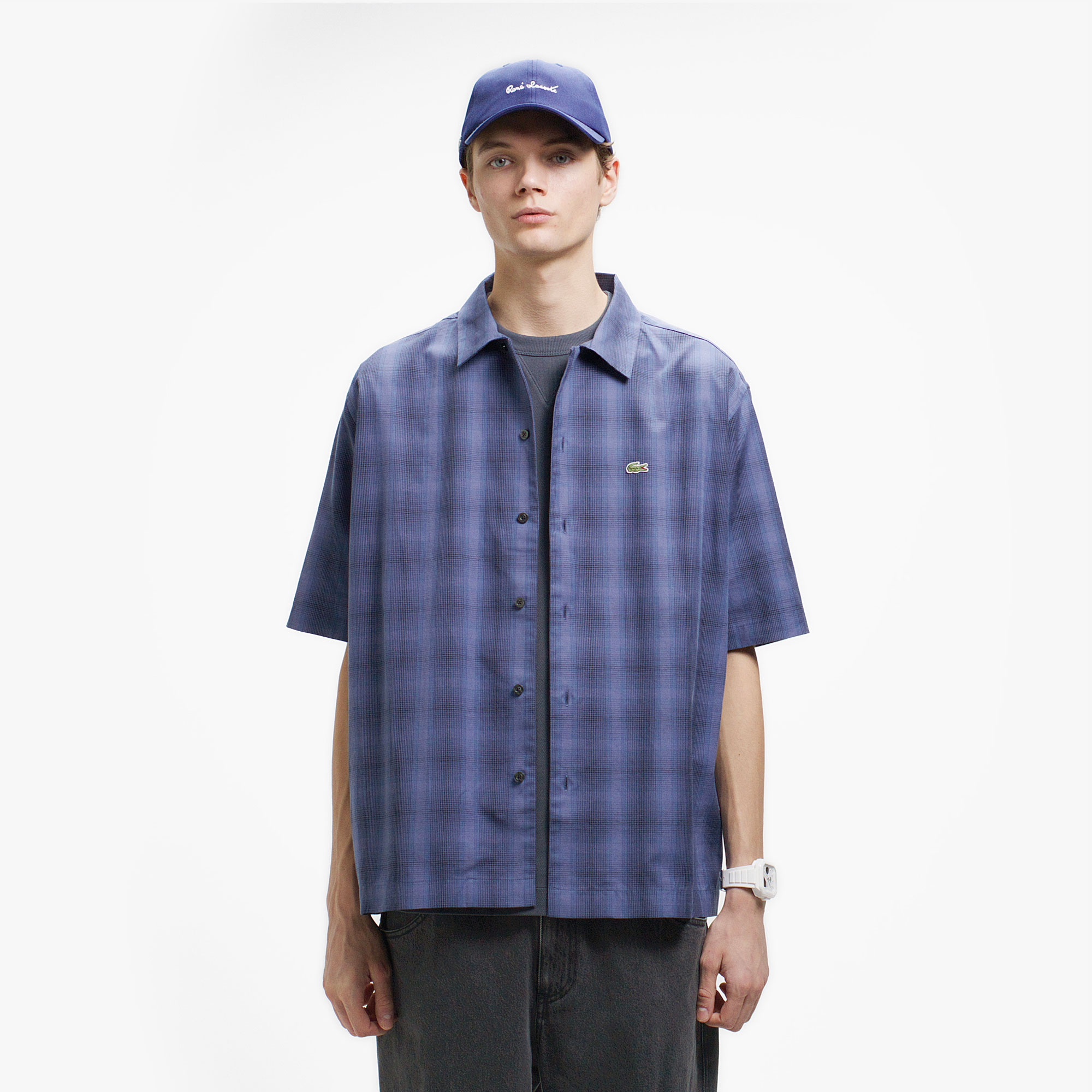 リネンブレンドオープンカラーオンブレチェックシャツ