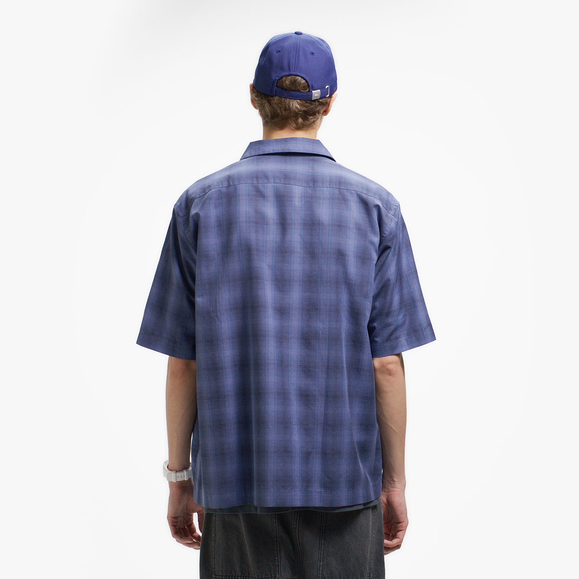 リネンブレンドオープンカラーオンブレチェックシャツ