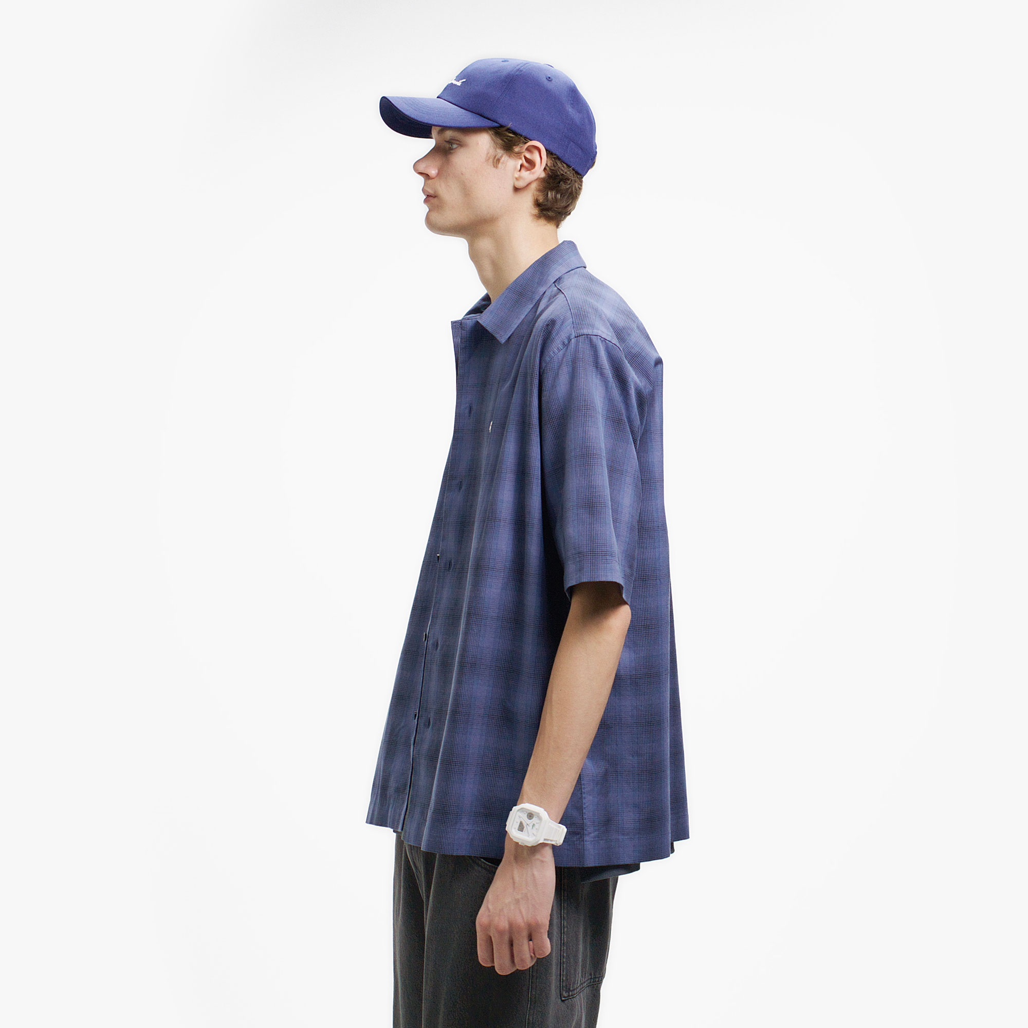 リネンブレンドオープンカラーオンブレチェックシャツ