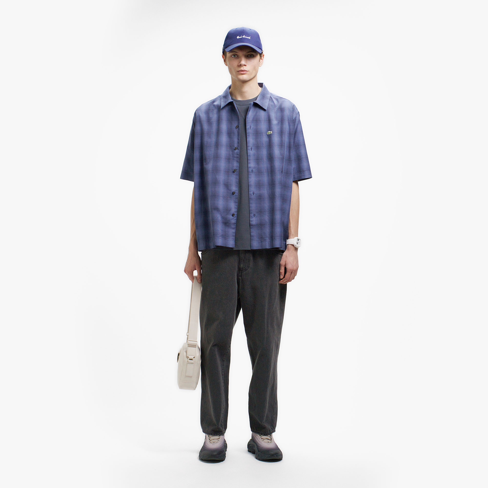 リネンブレンドオープンカラーオンブレチェックシャツ