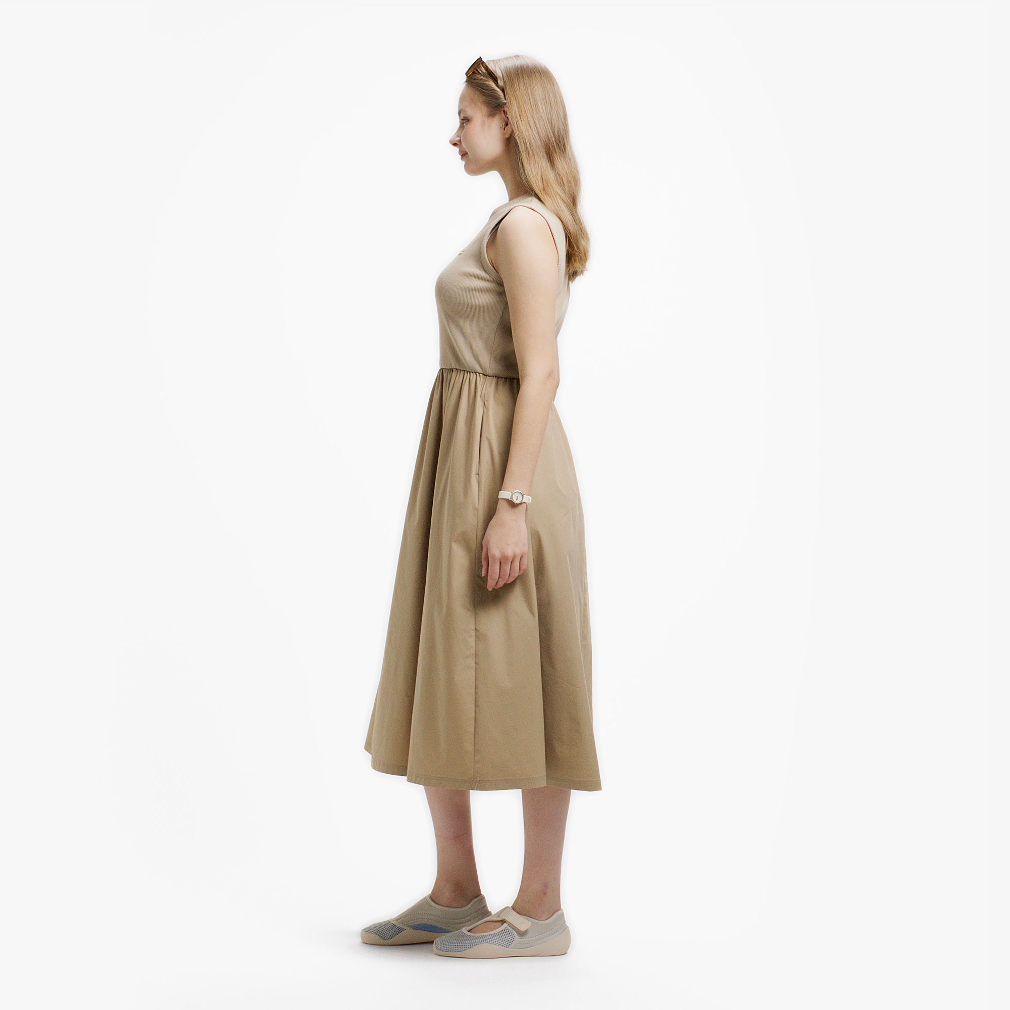 異素材コンビノースリーブドレス