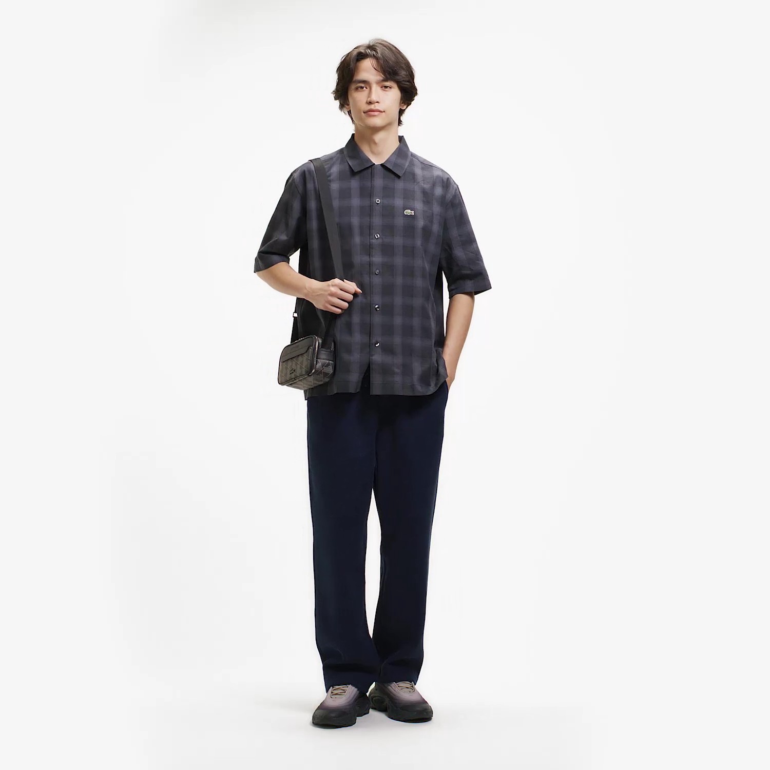 リネンブレンドオープンカラーオンブレチェックシャツ