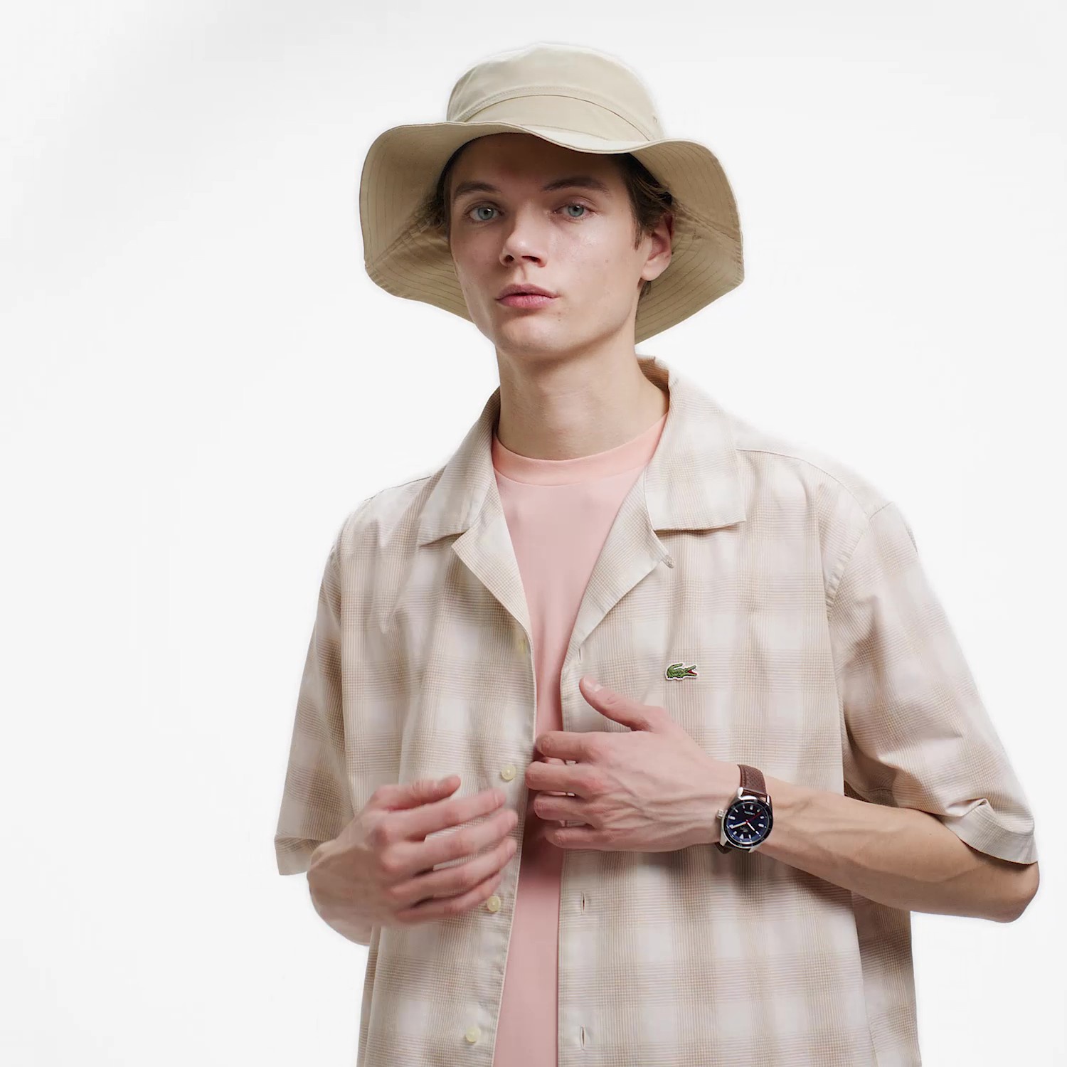 リネンブレンドオープンカラーオンブレチェックシャツ