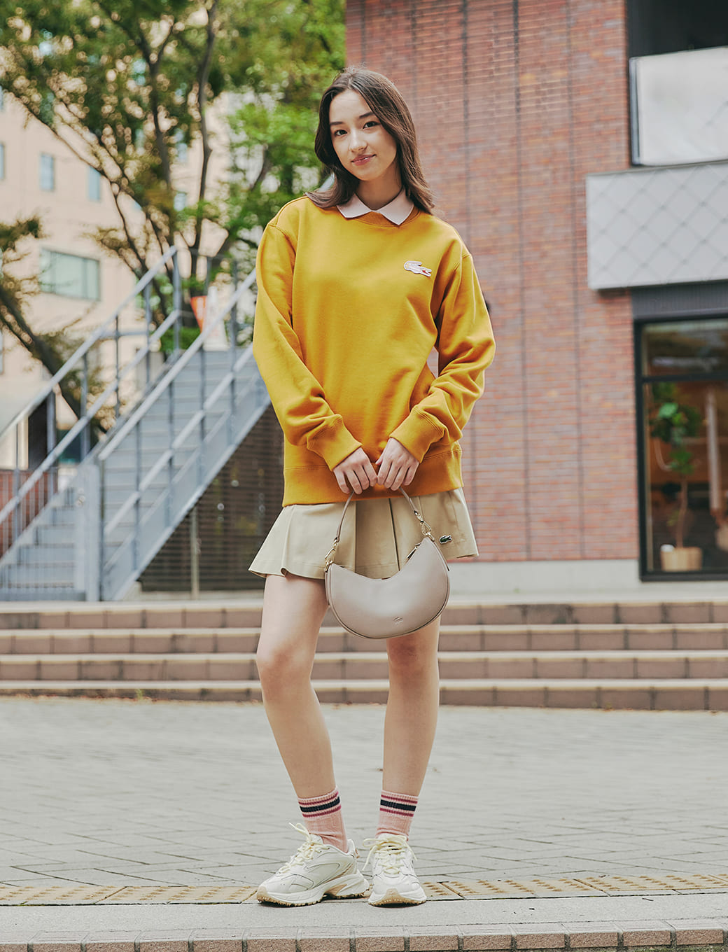 ラコステ　クラブロゴ　ワッペン　長袖ポロスウェット　日本製　L　ペールイエロー ラコステ クラブロゴ ワッペン 長袖ポロスウェット 日本製 L ペール